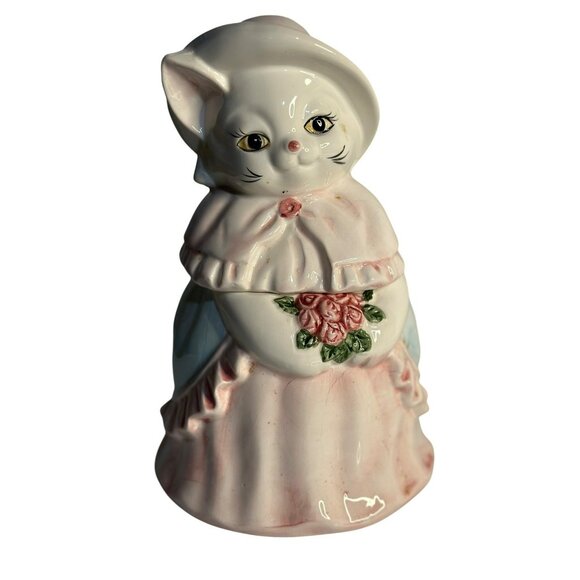 VTG Ceramic Cat Cookie Jar Dressed Kitty in Bonnet & Floral Dress Retro 90s 10" - Picture 1 of 10